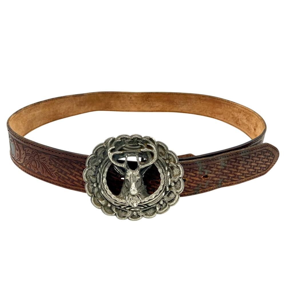 Vintage 33" - 37" Men's Leather Belt w/ Pewter Elk Head Buckle - EJC 95 USA READ